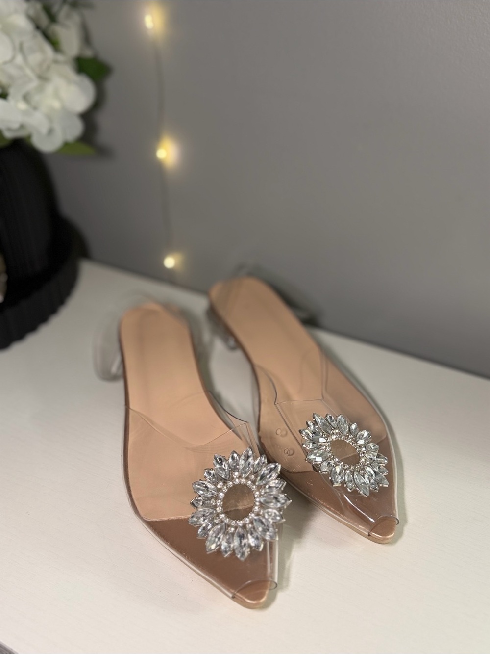 Clear Pointed Flat with Crystal Sunburst Accent - Nude